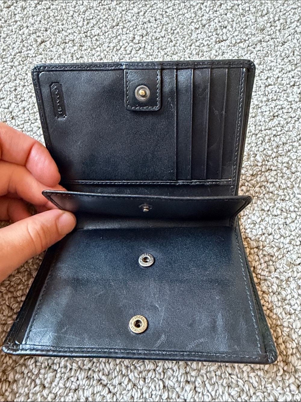 RARE Vintage Coach Black Leather Compact Bifold Wallet Snap Pocket Made in Spain - Picture 10 of 11